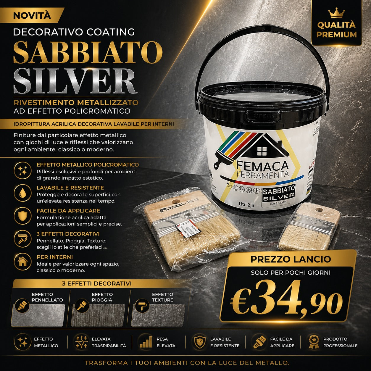 Sabbiato Femaca silver LT 2.5 lavabile a finitura perlescente per interni rapida essiccazione,facile applicazione,Multieffetto, ecologico,inodore