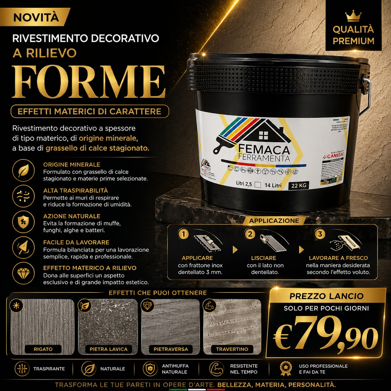 Forme rivestimento decorativo a rilievo (Materico) traspirante multieffetto:pietra spaccata,pietra lavica, pietra rigata,pietraversa,travertino,cemento naturale