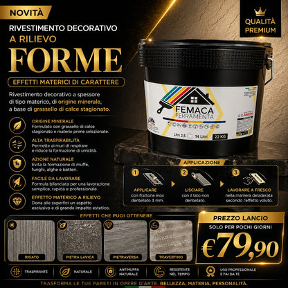 Forme rivestimento decorativo a rilievo (Materico) traspirante multieffetto:pietra spaccata,pietra lavica, pietra rigata,pietraversa,travertino,cemento naturale
