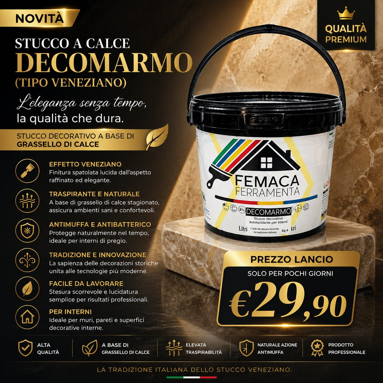 Decomarmo pregiato stucco decorativo autolucidante per interni kg 4 (stucco veneziano)lucido,elevata traspirabilità, effetto stucco antico,facile applicazione, ecologico, inodore,base minerale