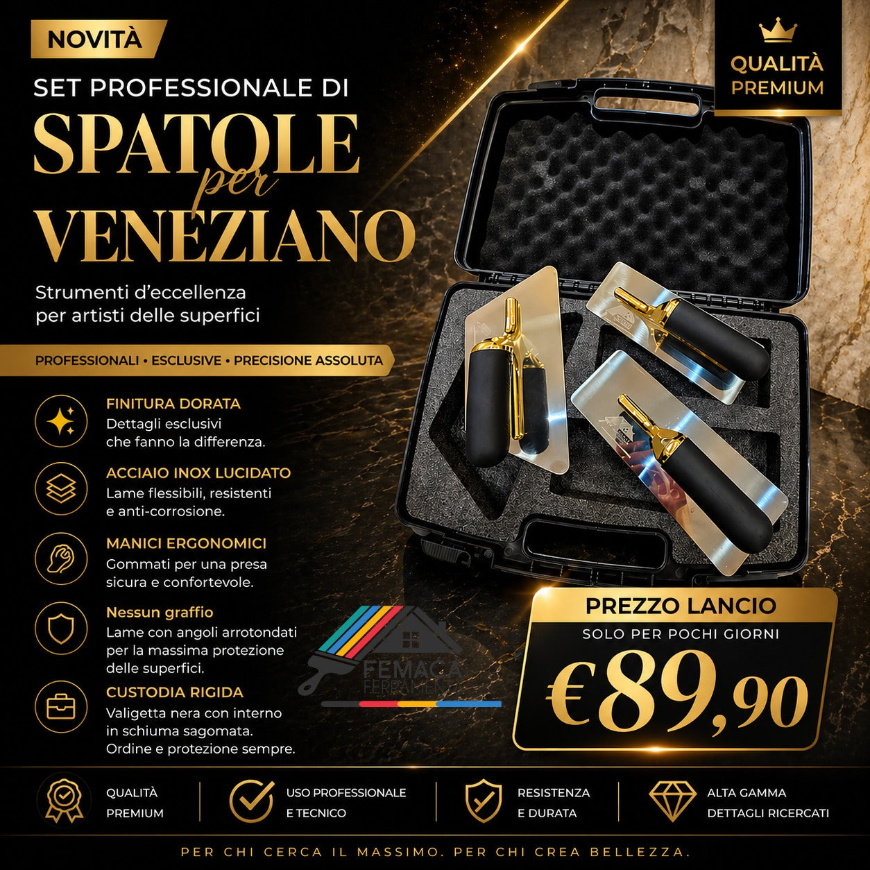 Set 4 pz spatole stucco veneziano con valigetta per una lucidatura a specchio immediata e per altri effetti decorativi